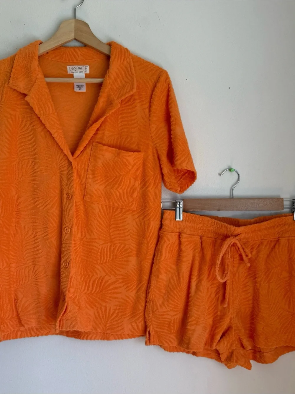 Set L*space Fronds Forever Terry Button Up Shirt and Drawstring Shorts in Orange - Picture 3 of 11